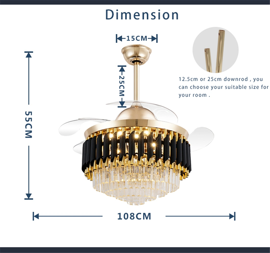 Fancy Ceiling Fan Light Retractable Blades K9 Crystal Lamp Shade 220V 240V Ceiling LED Fan