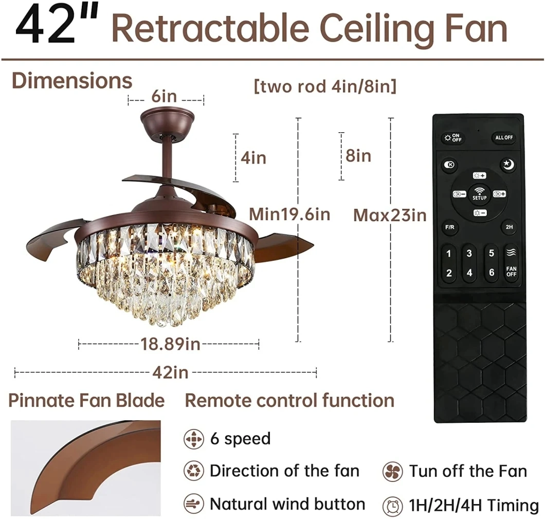 Luxury Design Modern Invisible Blade High Quality Chandelier Crystal Ceiling Fan