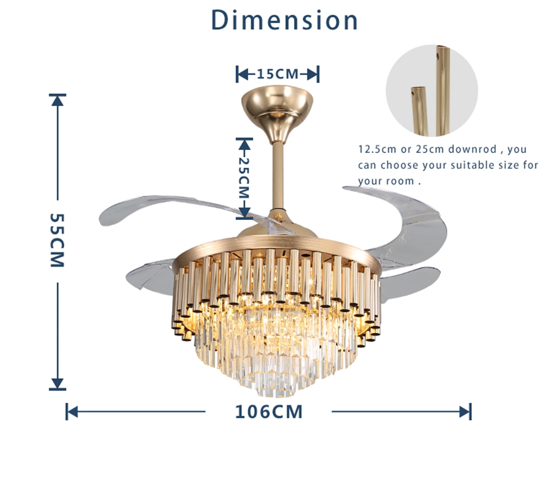 Fancy Design Silent Chandelier K9 Crystal Lampshade Decorative Lighting Ceiling Fan